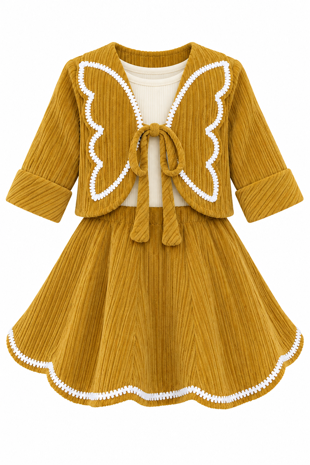 Girls Mustard Bow-Front Jacket and Flared Skirt Set (Shoes Not Included)