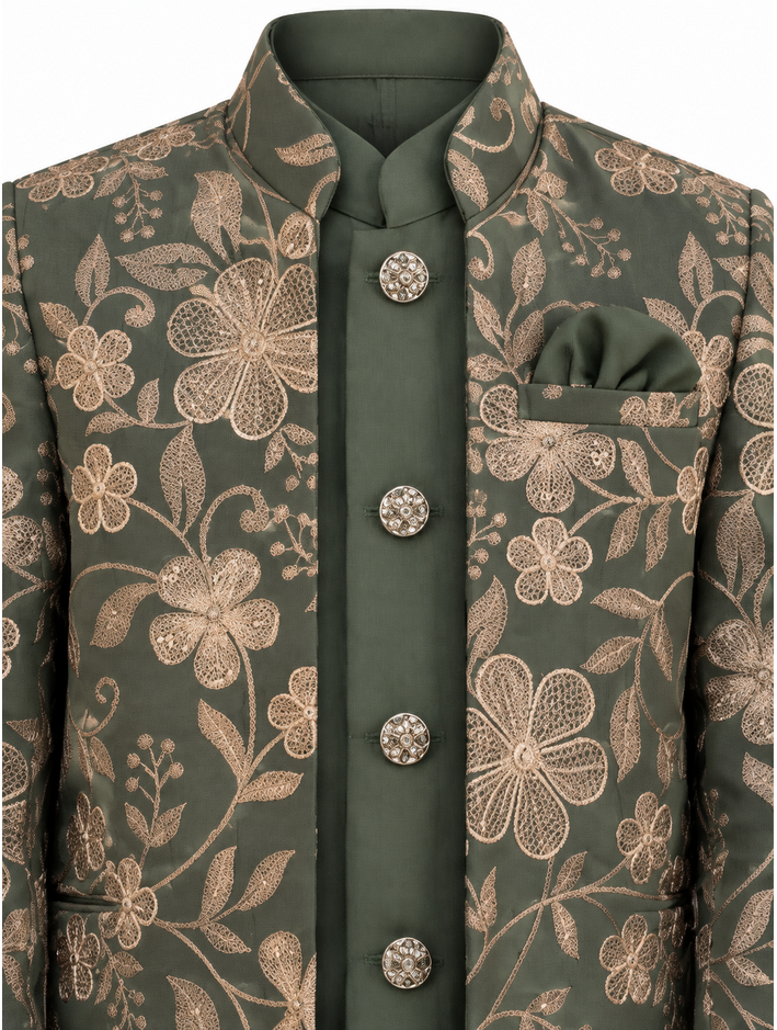 Boys Green Floral Jacket, Kurta and Trouser Set