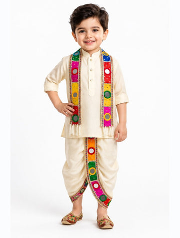 Boys Cream Kurta, Dhoti and Mirror-Work Dupatta Set