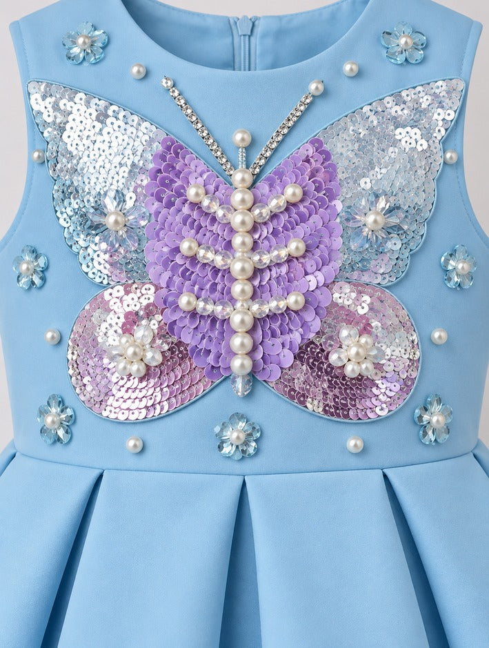 Girls Light Blue Butterfly Sequin Party Frock