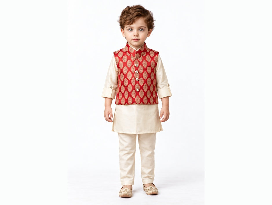 Boys Red Nehru Jacket With Cream Kurta and Pants Set (Shoes Not Included)