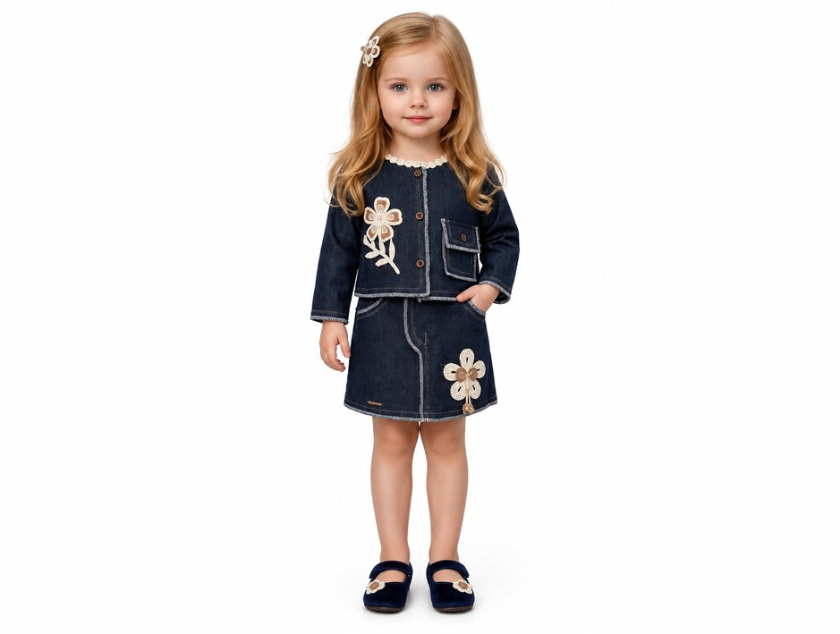 Girls Blue Floral Applique Jacket and Skirt Set (Shoes Not Included)