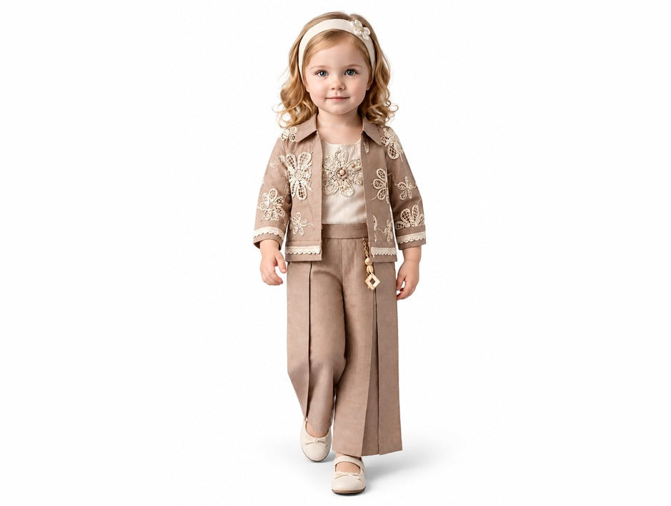 Girls Brown Floral Lace Jacket and Palazzo Pants Set (Shoes Not Included)