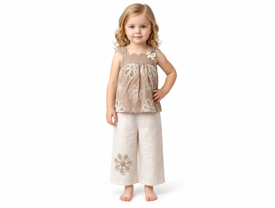 Girls Brown Floral Lace Top and Cream Palazzo Pants Set