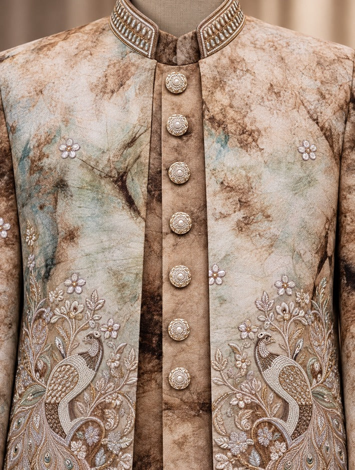 Boys Fawn Peacock Embroidered Indo-Western Jacket and Trousers Set