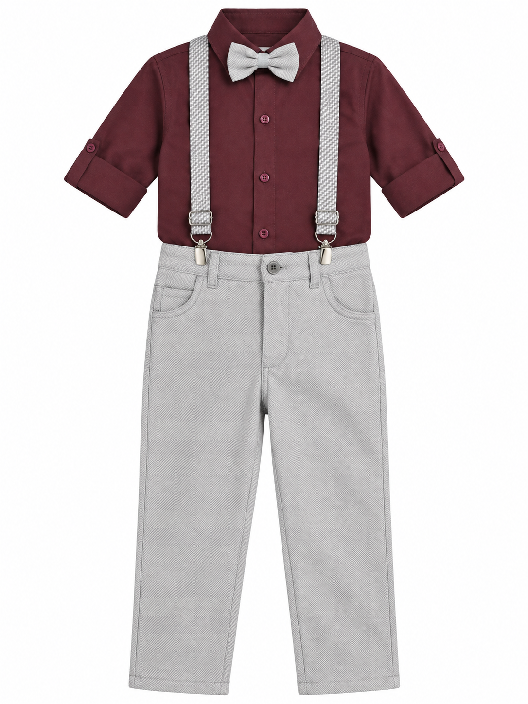 Boys Wine Shirt and Grey Pants Set with Bow Tie and Suspenders