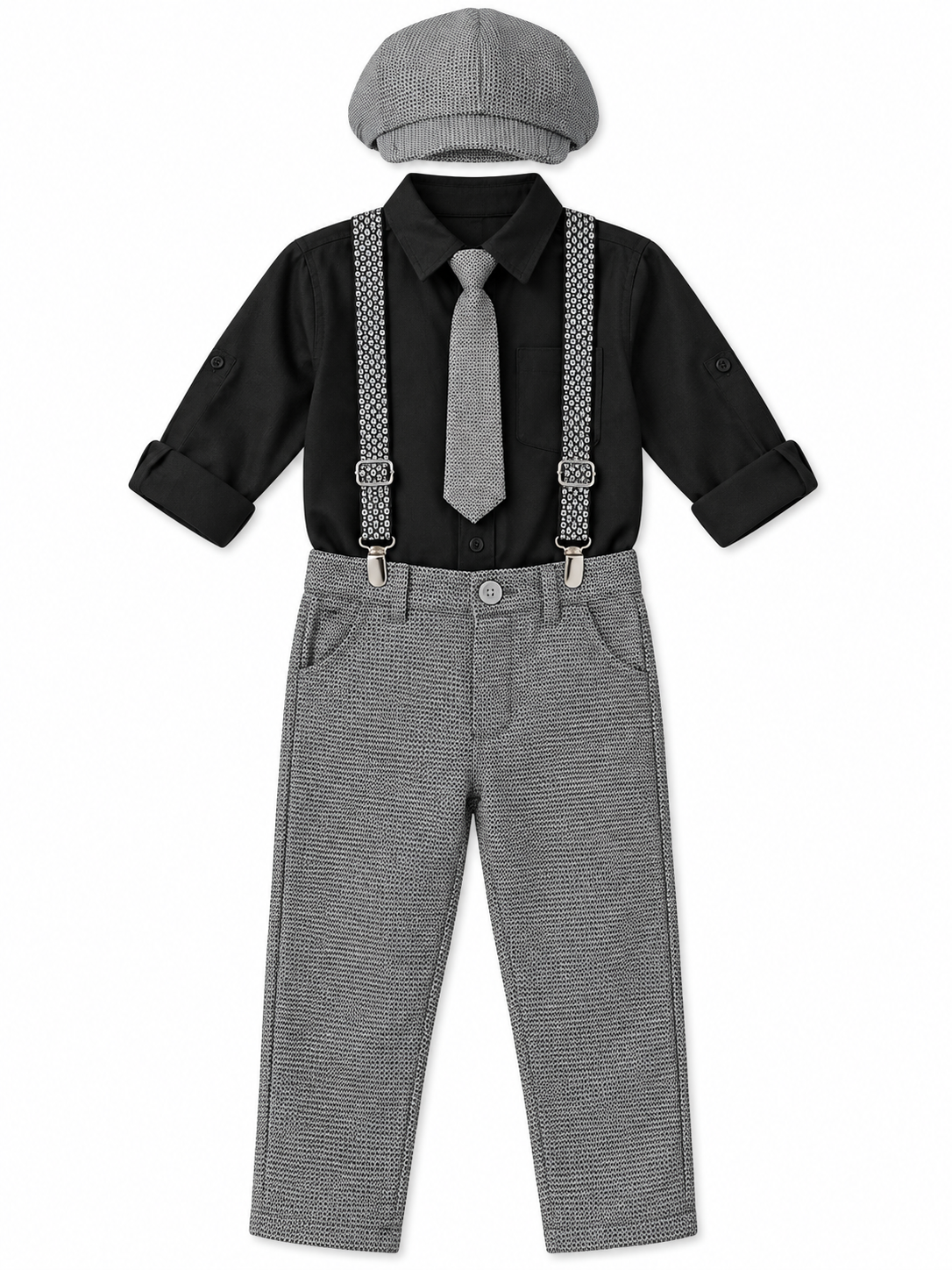 Boys Black Shirt and Grey Pants Set with Tie and Suspenders