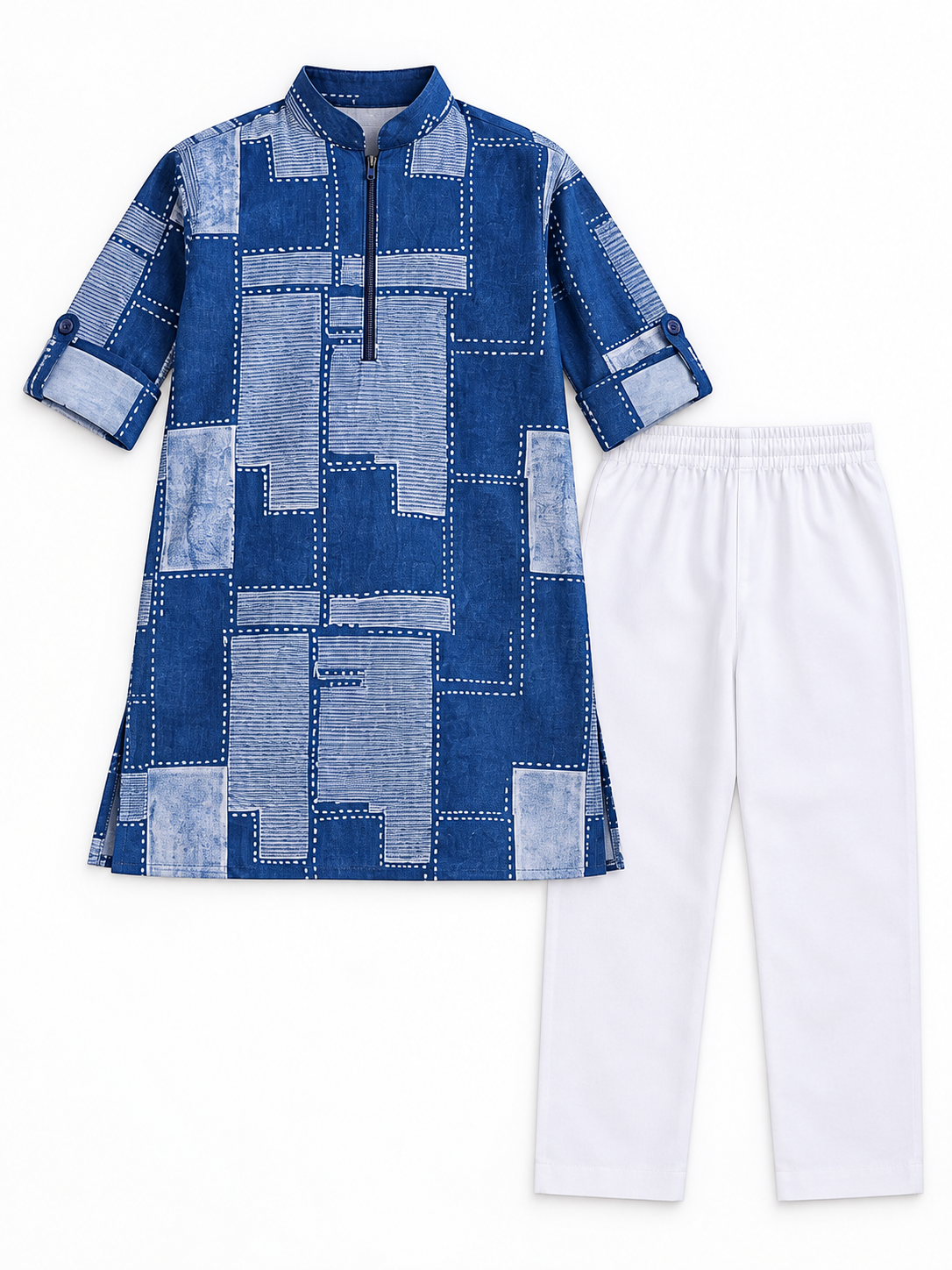 Boys Blue Patchwork Print Kurta and White Pajama Set