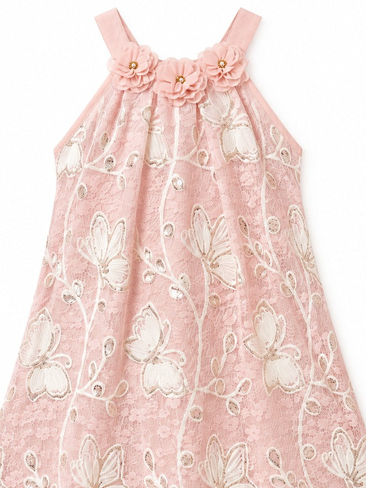 Girls Pink Floral Lace Halter Party Dress with Rosette Neckline