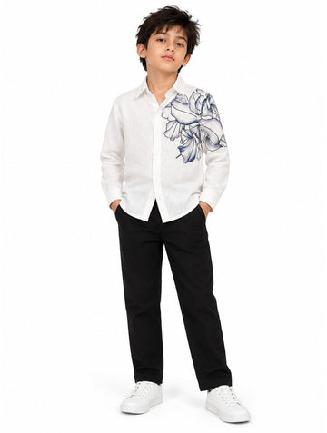 Boys Cream Floral Print Long Sleeve Shirt