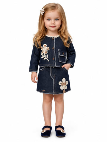 Girls Blue Floral Applique Jacket and Skirt Set