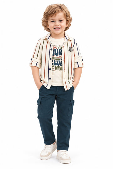 Boys Blue Striped Overshirt, Graphic T-shirt and Cargo Pants Set (Shoes Not Included)