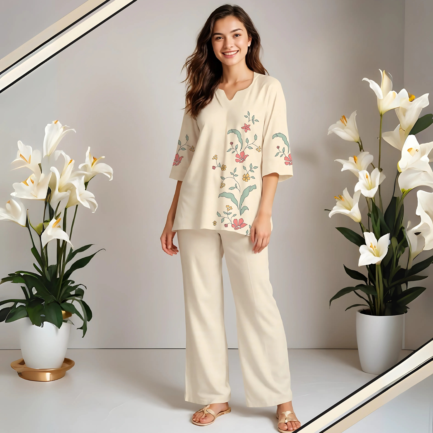 Women Night Suit Set Fawn Printed