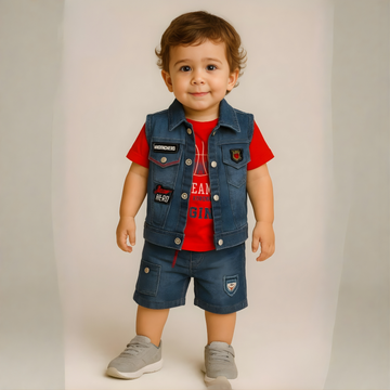 Boys Shorts Set Denim Jacket & Red T-shirt