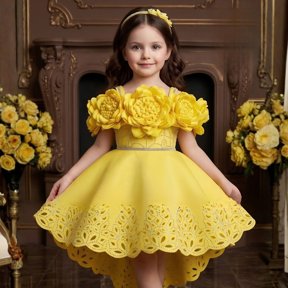 Girls Yellow Party Wear Princess Frock