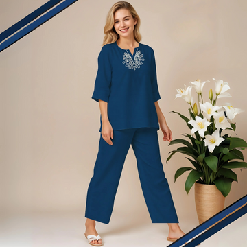 Blue Cotton Floral Print Straight Co-Ord Set