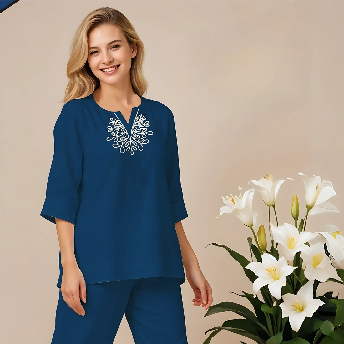 Blue Cotton Floral Print Straight Co-Ord Set