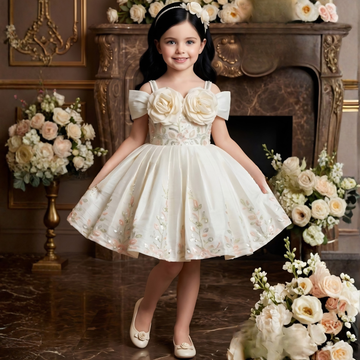 Cream Sleeveless And Floral Embellished Frock For Girls