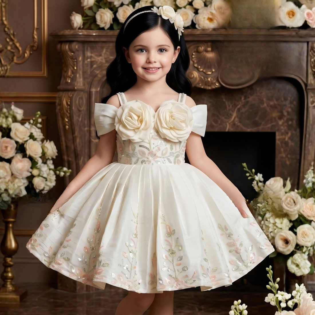 Cream Sleeveless And Floral Embellished Frock For Girls