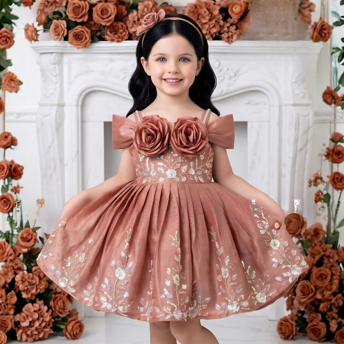 Rust Sleeveless And Floral Embellished Frock For Girls