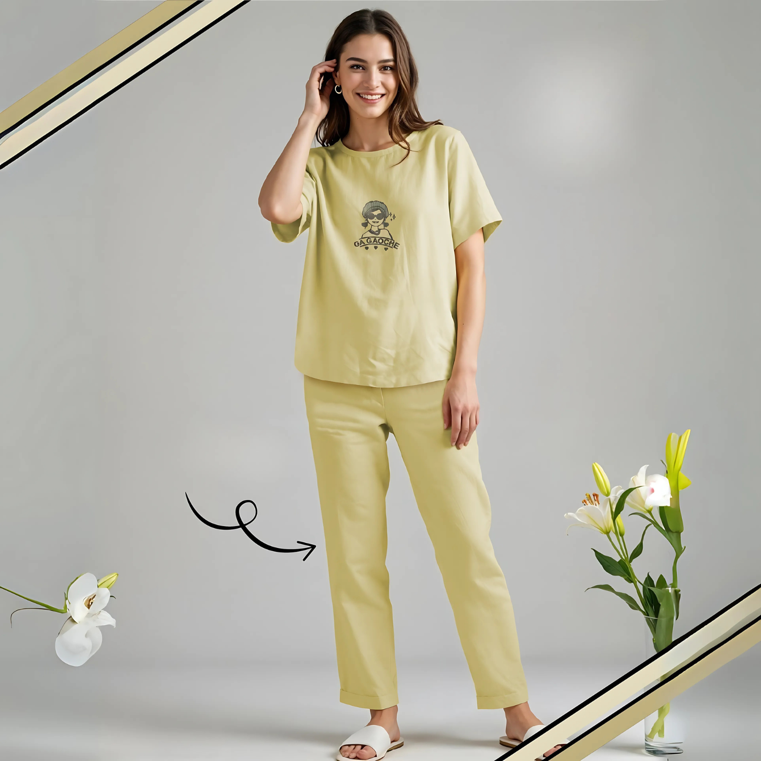 Yellow Stylish Printed Night Suit Set For Women