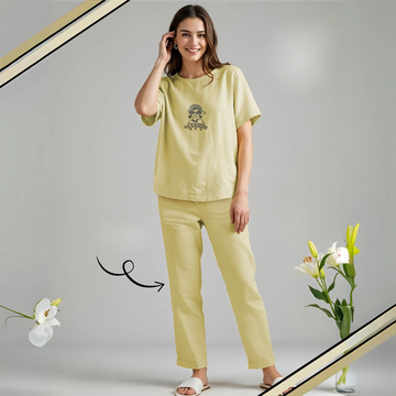 Yellow Stylish Printed Night Suit Set For Women