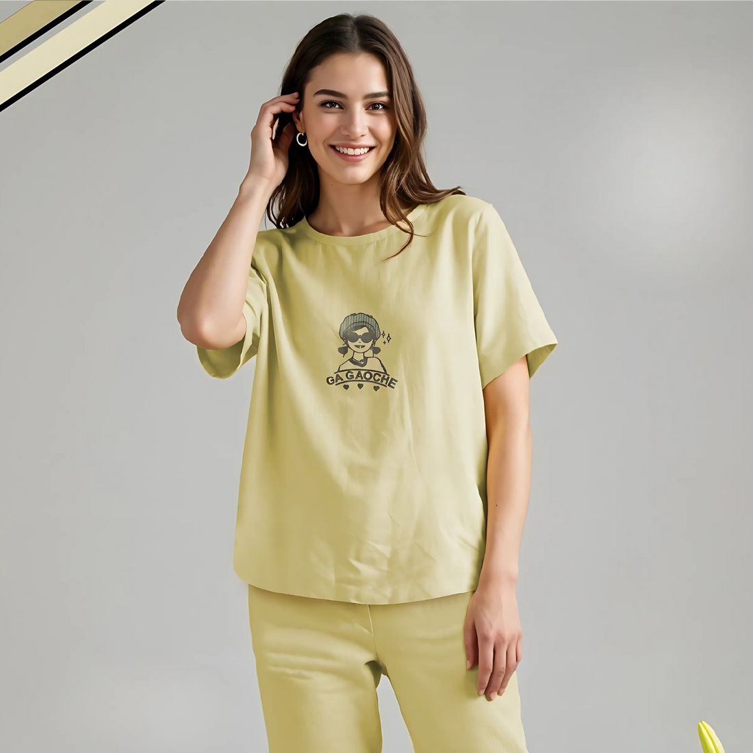 Yellow Stylish Printed Night Suit Set For Women