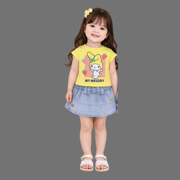 Trendy Girls Top Denim Skirt Set