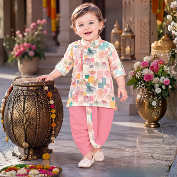 Girls Woven Full Sleeves Floral Printed Kurta & Dhoti Set