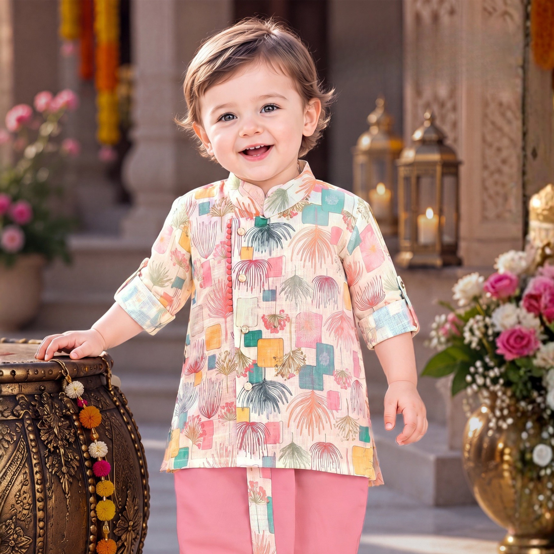 Woven Full Sleeves Floral Printed Kurta & Dhoti Set