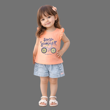 Printed Top with Denim Shorts For Girls