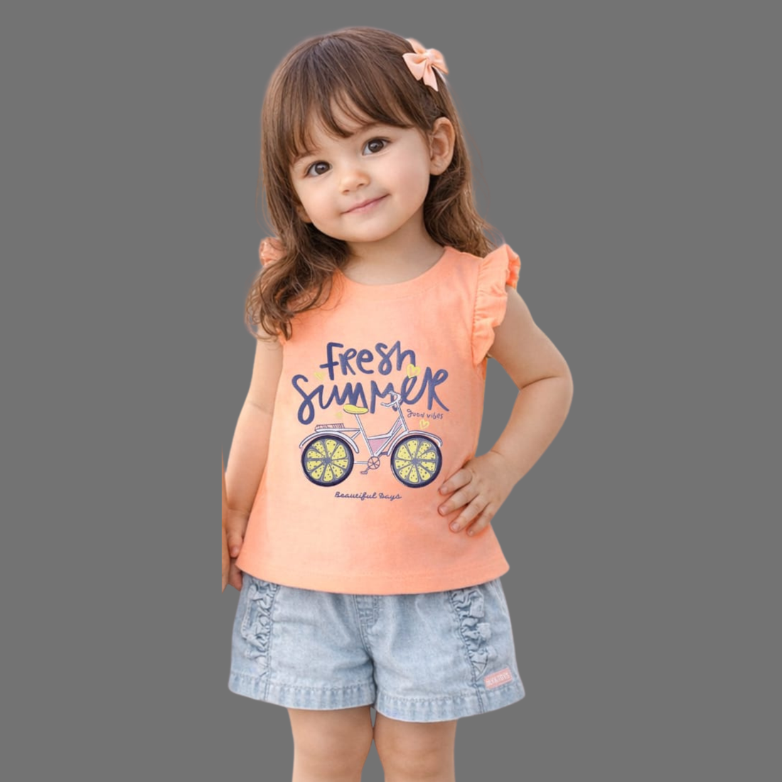 Printed Top with Denim Shorts For Girls