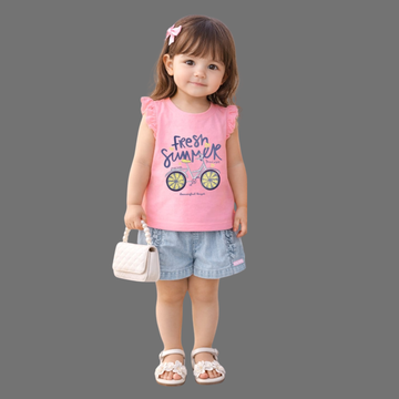 Printed Top with Denim Shorts For Girls