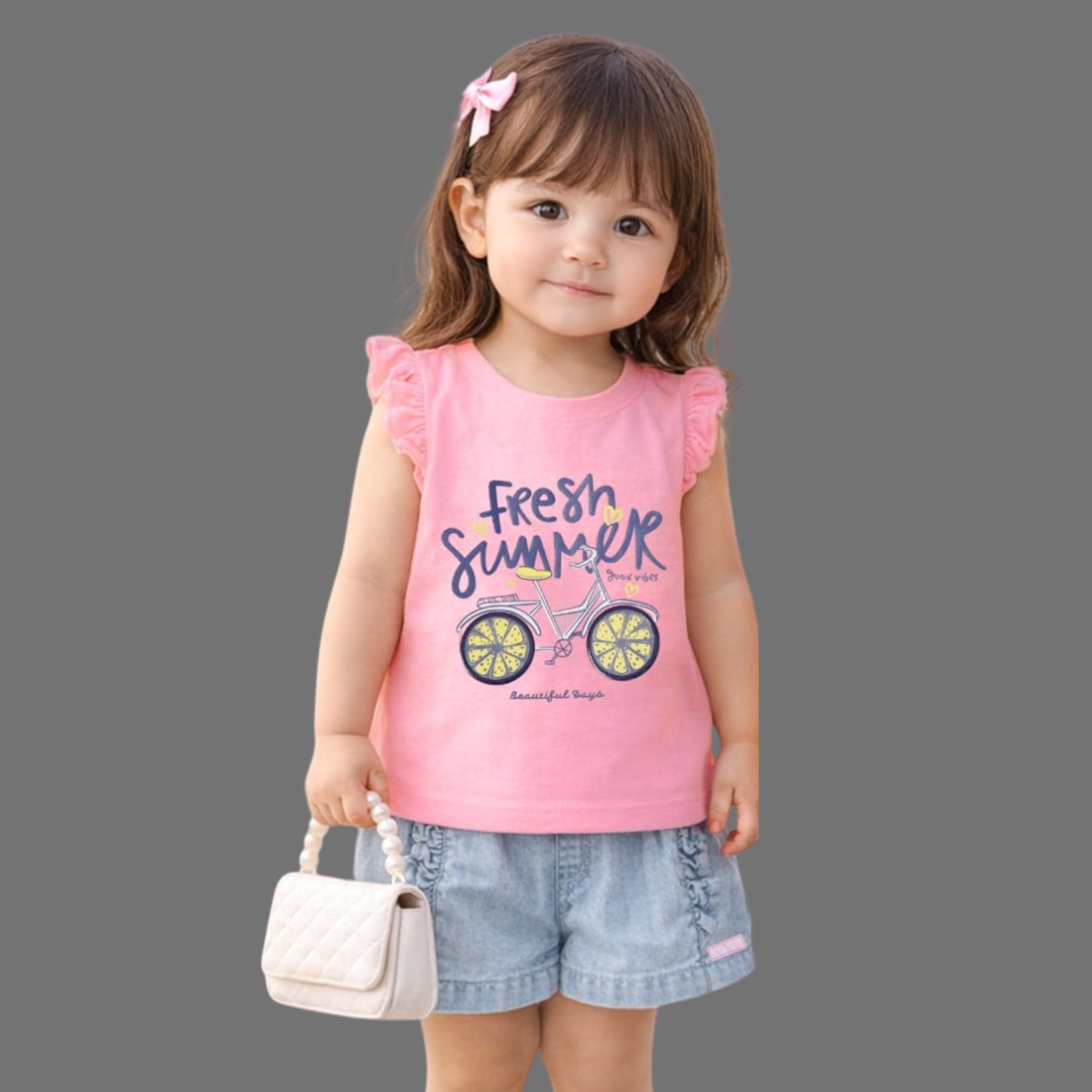 Printed Top with Denim Shorts For Girls