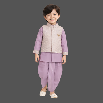 Purple Kurta Dhoti Set With Embroidered Nehru Jacket For Boys