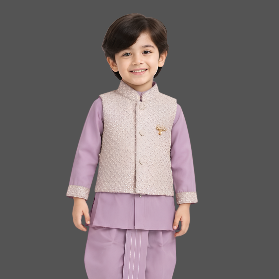 Purple Kurta Dhoti Set With Embroidered Nehru Jacket For Boys