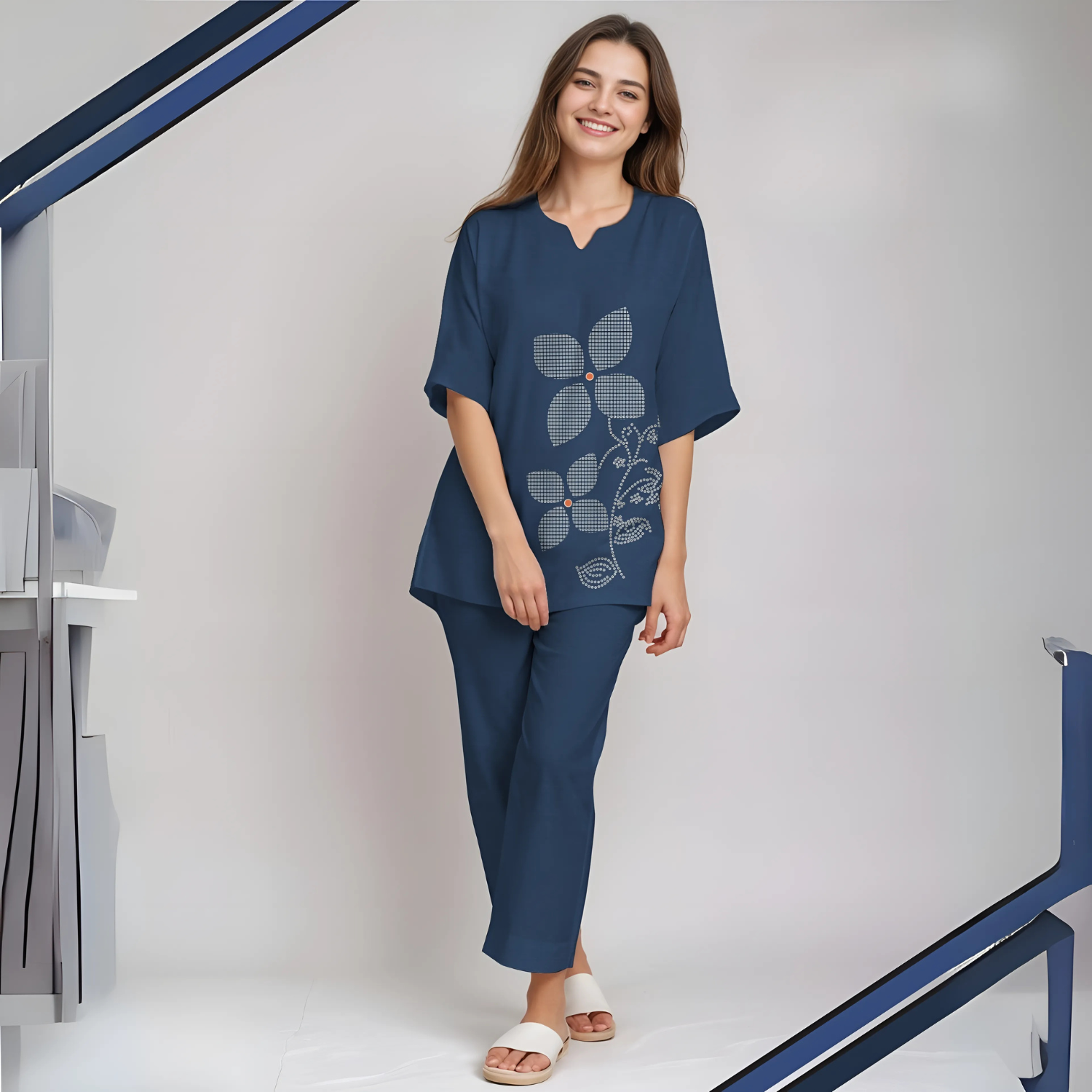 Blue Color Ladies  Cotton Night Suit