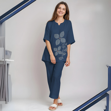 Blue Color Ladies  Cotton Night Suit