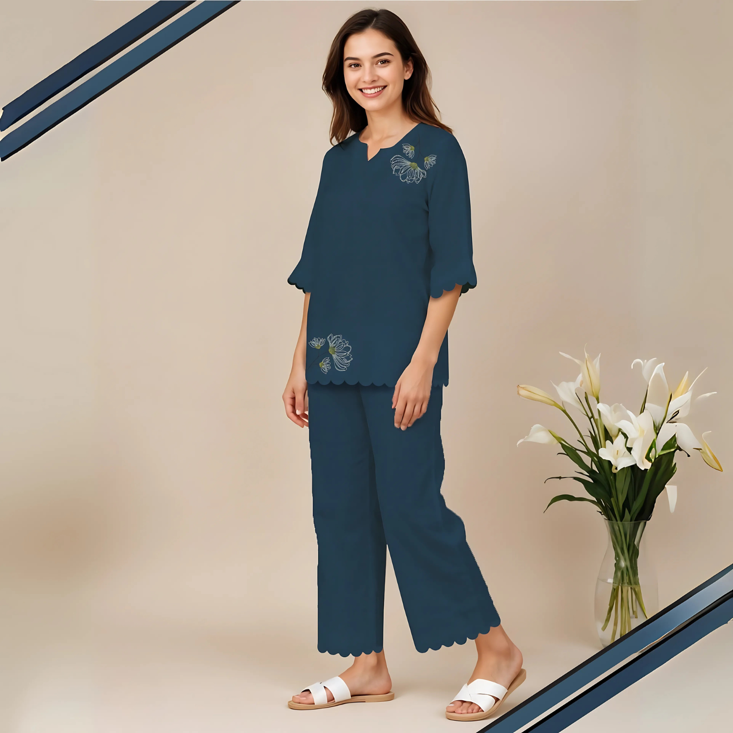 Blue Color Ladies Pure Cotton Night Suit