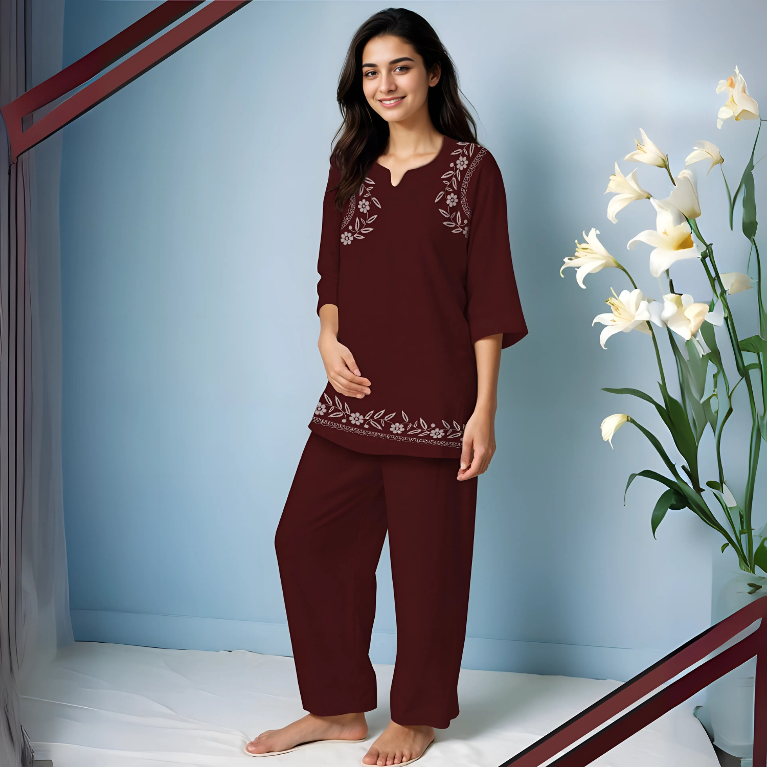 Women Maroon Printed  Cotton Night suit