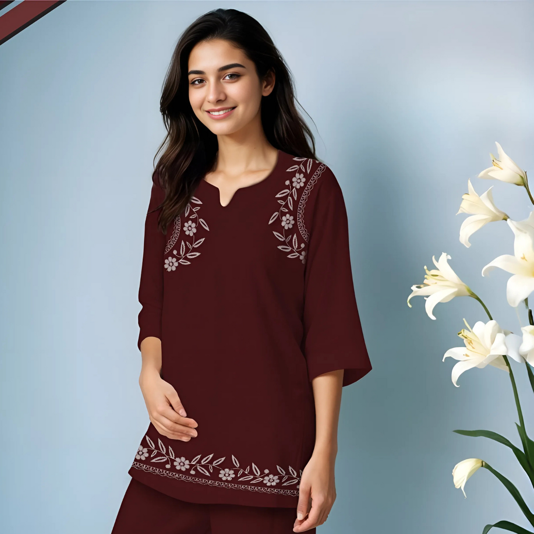 Women Maroon Printed  Cotton Night suit