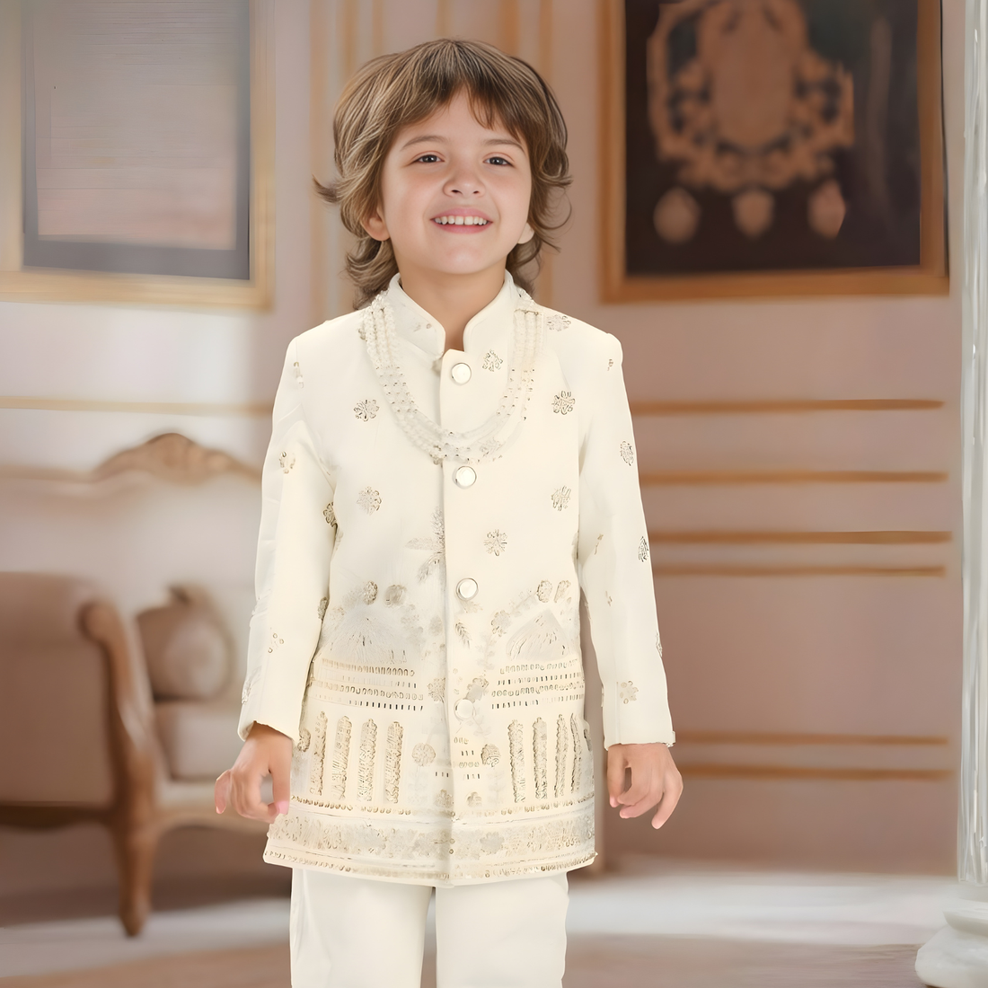 Cream Shining Indo Western For Boys