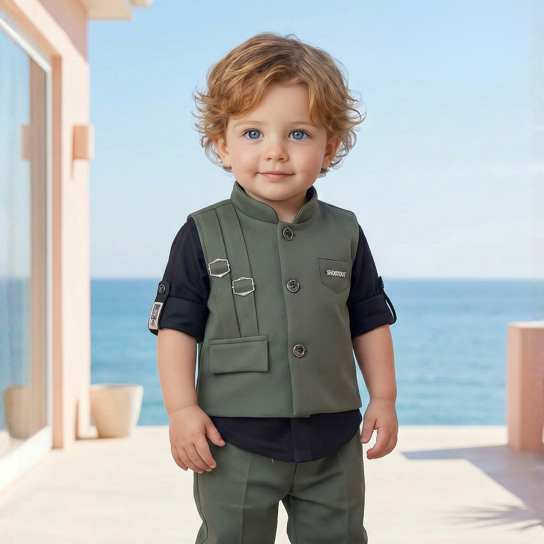 Green Waist Coat With Shirt And Pant For Boys