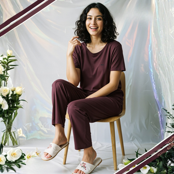 Wine Cotton Women's Night Suit