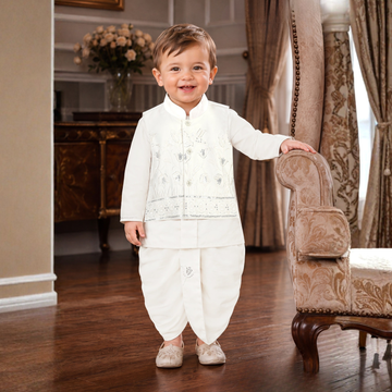 Baby Boys Kurta Dhoti Set with Nehru Jacket, Cream