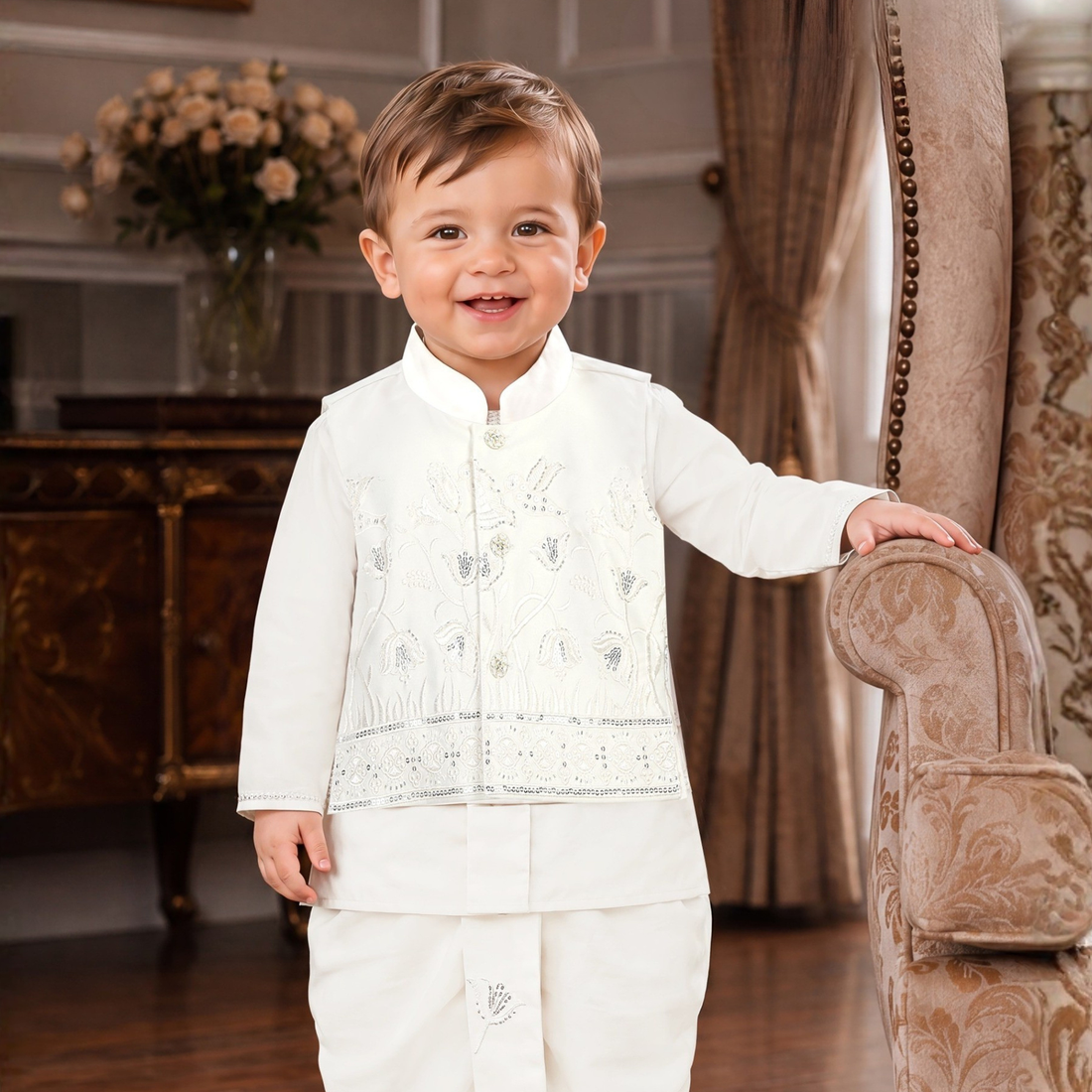 Baby Boys Kurta Dhoti Set with Nehru Jacket, Cream