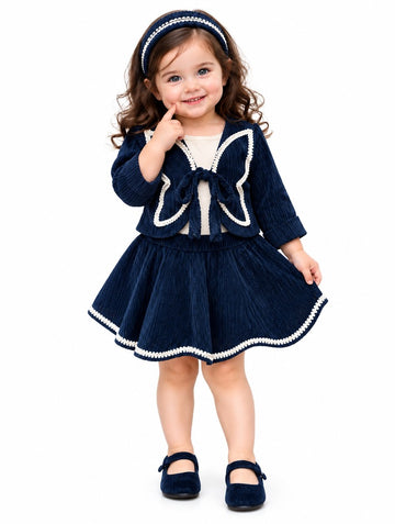 Girls Blue Bow-Front Jacket and Flared Skirt Set