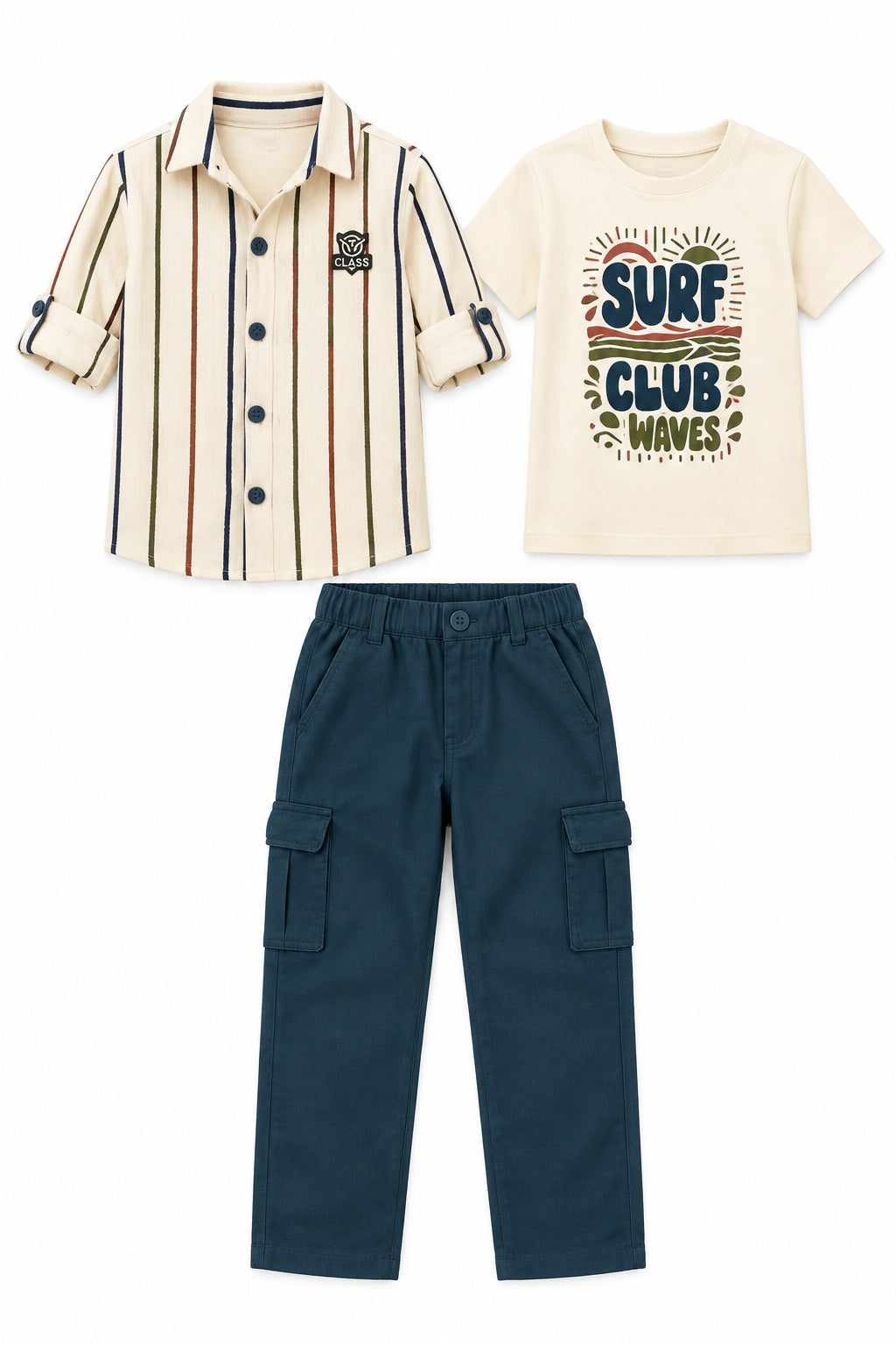 Boys Blue Striped Overshirt, Graphic T-shirt and Cargo Pants Set (Shoes Not Included)