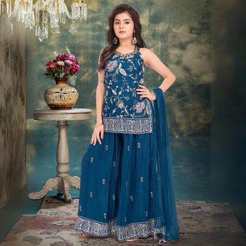 Blue Color Party Wear Indo Western Plazo Suit