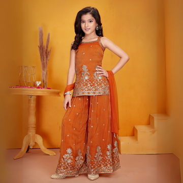 Orange Silk Festive Palazzo Suit For Girls